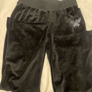 Y2k black velvet mid-wasted flared tracksuit pants rhinestone butterfly